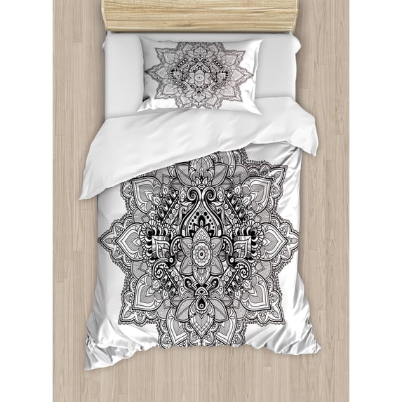Lotus Duvet Cover Set, Mandala with Aztec Tribal Textured Ornamental Cosmos Floral Pattern, Decorative 2 Piece Bedding Set with 1 Pillow Shams, Twin Size, Grey Black, by Ambesonne