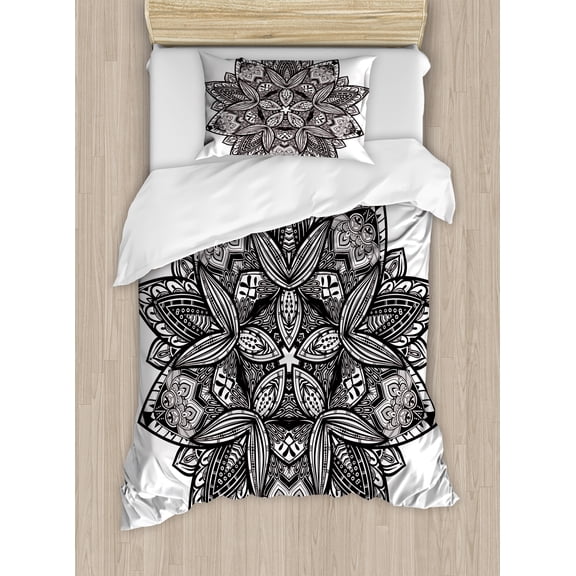 Lotus Duvet Cover Set, Paisley Mandala Oriental Style Vintage Tattoo Pattern, Decorative 2 Piece Bedding Set with 1 Pillow Shams, Twin Size, Seal Brown White, by Ambesonne