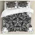 thumbnail image 1 of Lotus Duvet Cover Set, Paisley Mandala Oriental Style Vintage Tattoo Pattern, Decorative 3 Piece Bedding Set with 2 Pillow Shams, King Size, Seal Brown White, by Ambesonne, 1 of 3