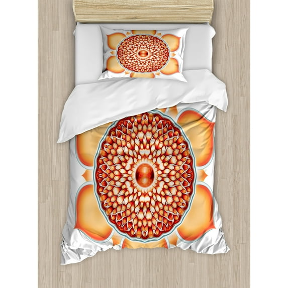 Lotus Duvet Cover Set, Pomegranate Tibetan Mandala Renewal of Life Universe Balance, Decorative 2 Piece Bedding Set with 1 Pillow Shams, Twin Size, Orange Vermilion, by Ambesonne