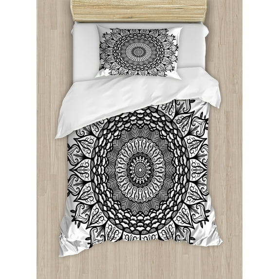 Lotus Duvet Cover Set Twin Size, Arabesque Mandala with Flower Effects Oriental Folk Boho Sacred Artful Illustration, Decorative 2 Piece Bedding Set with 1 Pillow Sham, Black White, by Ambesonne