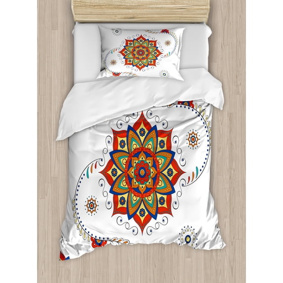 Lotus Duvet Cover Set Twin Size, Lotus Flower with Abstract Modern Style Mandala Influences Symmetric Folk Pattern, Decorative 2 Piece Bedding Set with 1 Pillow Sham, Multicolor, by Ambesonne