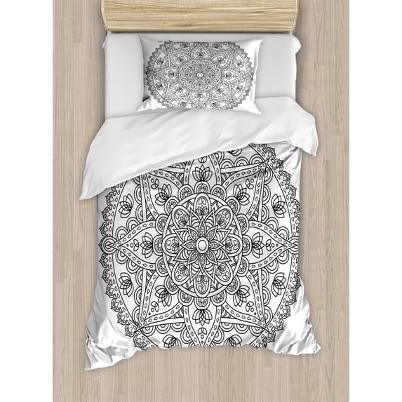 Lotus Duvet Cover Set Twin Size, Oriental Mandala Pattern Flower Petal Effect Arabic Style Monochrome Boho Design, Decorative 2 Piece Bedding Set with 1 Pillow Sham, Grey White, by Ambesonne