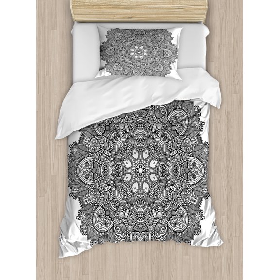 Lotus Duvet Cover Set Twin Size, Ornamental Mandala with Lace Pattern Featured Mixed Flower Petals Ethnic Folk Design, Decorative 2 Piece Bedding Set with 1 Pillow Sham, Black White, by Ambesonne