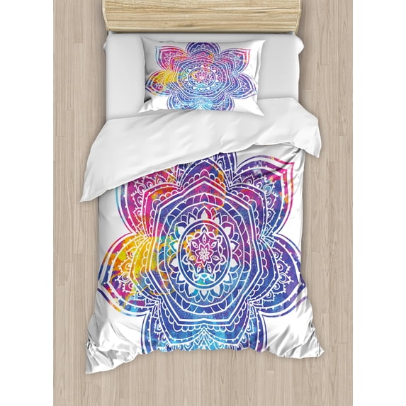 Lotus Duvet Cover Set, Watercolor Vivid Mandala Art, Decorative 2 Piece Bedding Set with 1 Pillow Shams, Twin Size, Earth Yellow Violet Blue, by Ambesonne