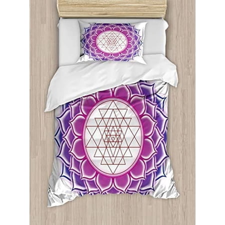 Lotus Duvet Cover Sets, Geometry Yantra Mandala Triangle Yoga Illustration, Bedding Set With 2 Duvet Covers 4 Pillowcases, 2 Pack Cal King Size, Fuchsia Purple