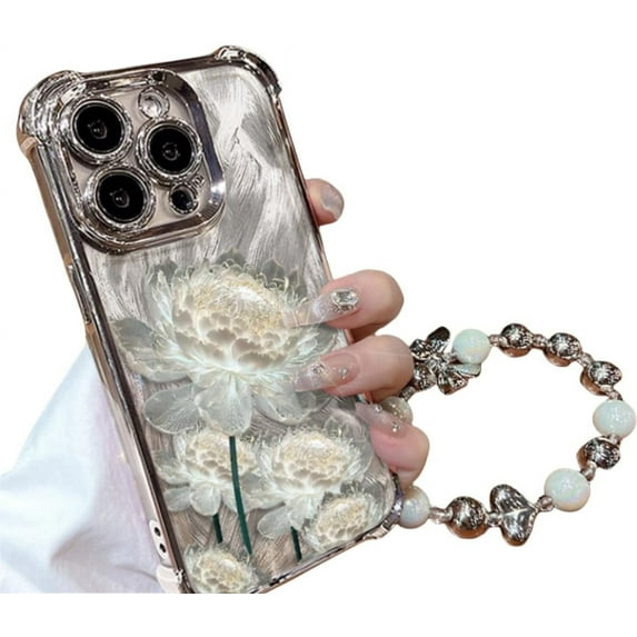 Lotus Electroplated Four Corners Drop Proof Phone Case with or Without Stand or Bracelet Model, Light Luxury for iPhone 15 14 13 12 11 Pro Max Plus XS XR 7 8 Phone Cases (P1,iPhone 12 Pro)