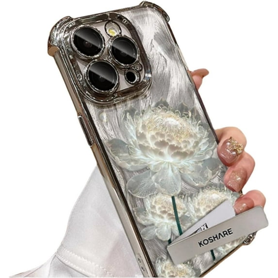 Lotus Electroplated Four Corners Drop Proof Phone Case with or Without Stand or Bracelet Model, Light Luxury for iPhone 15 14 13 12 11 Pro Max Plus XS XR 7 8 Phone Cases (P3,iPhone 14 Plus)