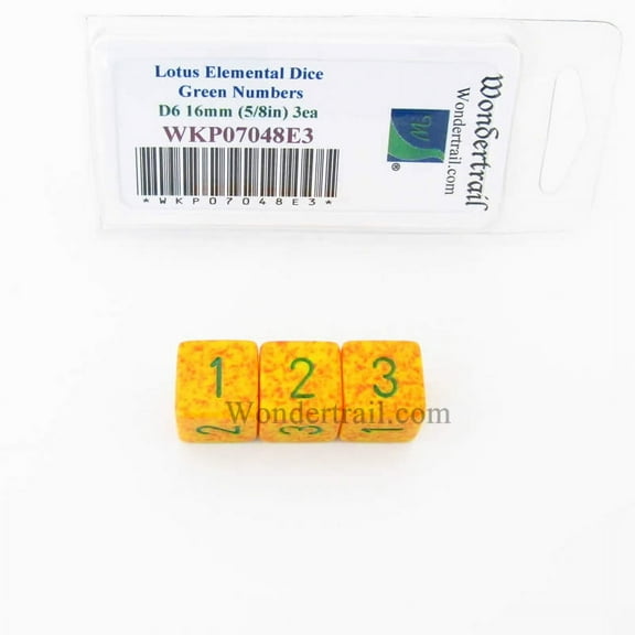 Lotus Elemental Dice with Green Numbers D6 16mm (5/8in) Pack of 3 Wondertrail
