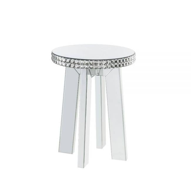 Chic Lotus Round Mirrored Wooden End Table with Faux Crystals