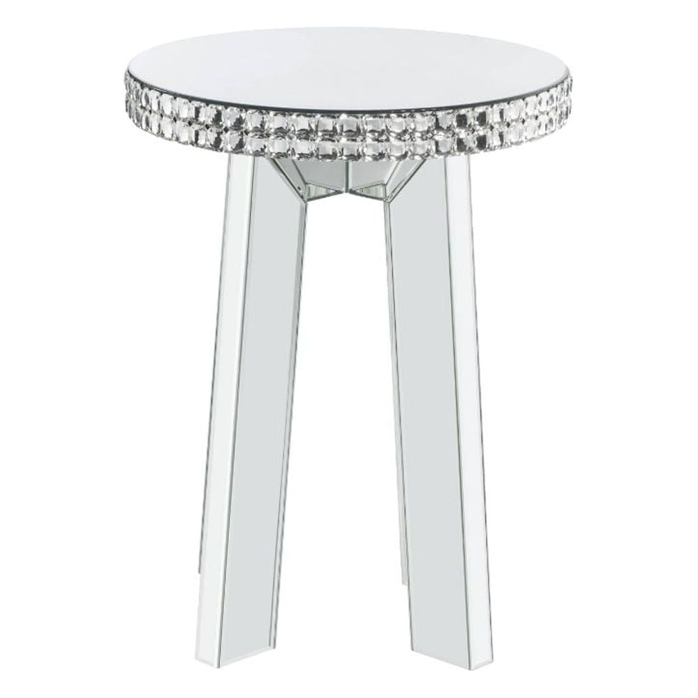Chic Lotus Round Mirrored Wooden End Table with Faux Crystals