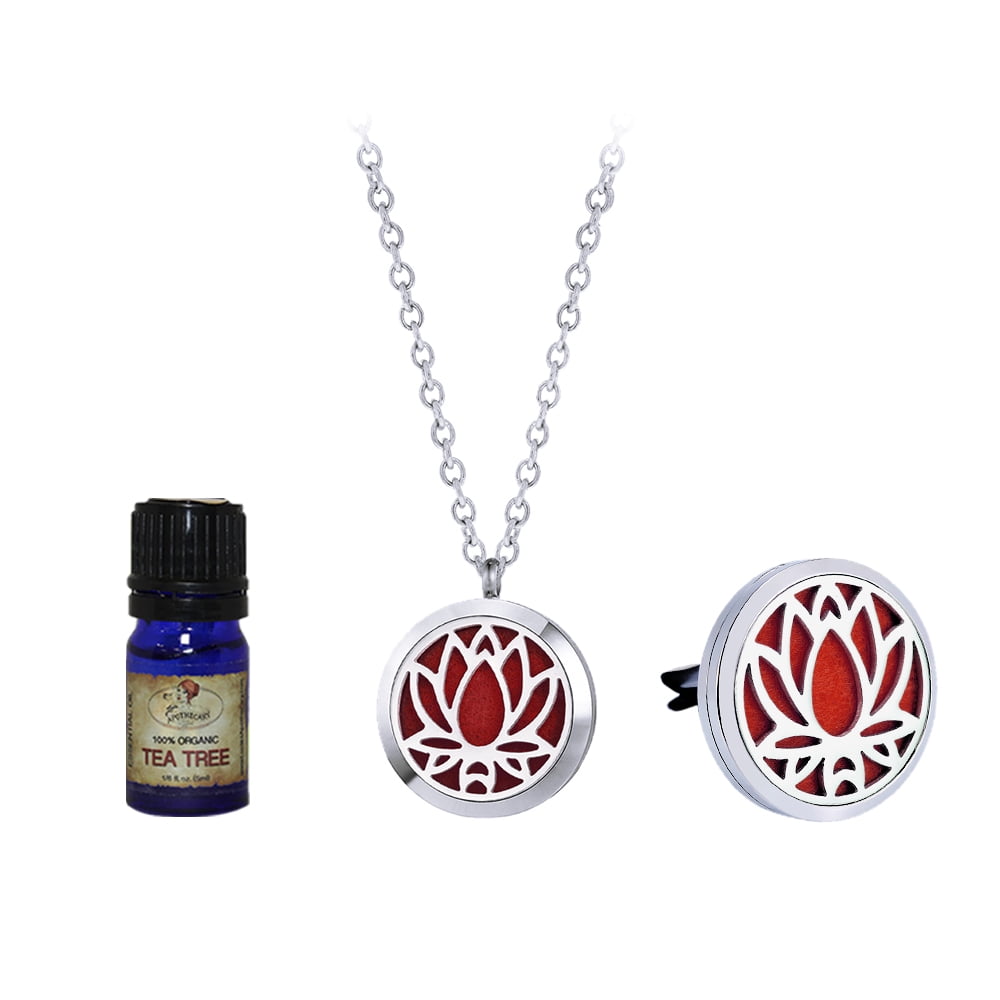 Lotus Essential Oil Mother's Day Gift for Her Girlfriend Wife Girlfriend Diffuser Necklace & Car Clip Aromatherapy Jewelry Organic Essential Oil Jewelry Gift Set -Tea Tree Oil