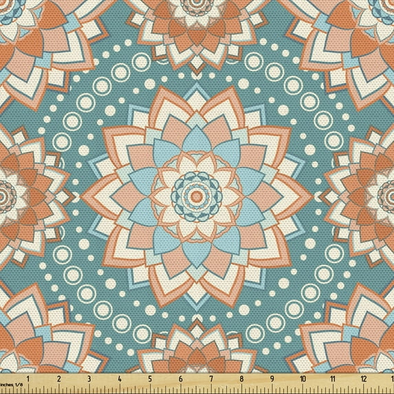 Ambesonne Lotus Fabric by the Yard Upholstery, Oriental Mandala Pattern, 2 Yards, Pale Blue Beige Peach