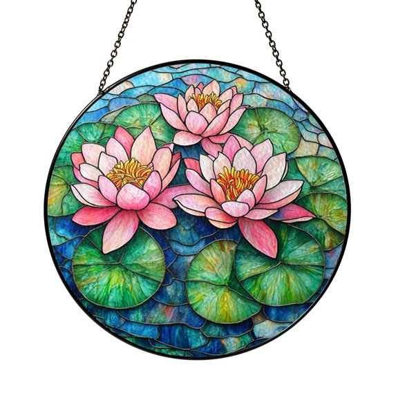 Lotus Field Glass Suncatcher Window Hanging, Floral Nature Inspired Home Window Decor