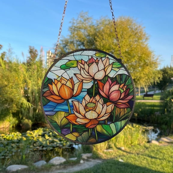 Lotus Field Glass Suncatcher, Window Hanging National Park Decor Lotus Flower, 6.3 in