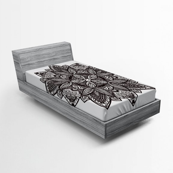 Ambesonne Leaf Fitted Sheet, Floral Tattoo Art, Twin XL Size, Seal Brown White