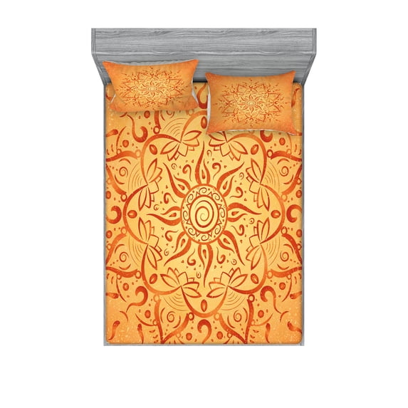 Lotus Fitted Sheet & Pillow Sham Set, Sun Pattern Ombre Effect Mandala Culture Print, Decorative Printed 6 Piece Bedding Decor Set, Queen, Orange, by Ambesonne