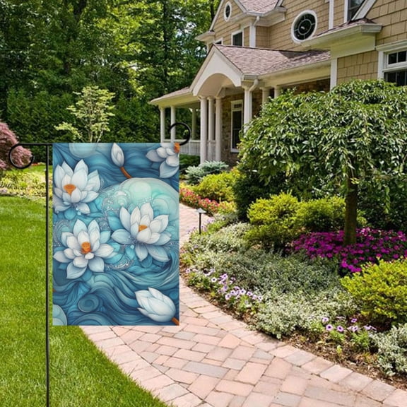 Lotus Floating on Swirls and Waves Garden Flag 12x18 inch Double Sided Outside Yard Decorations for Home Outdoor