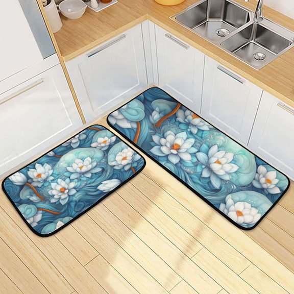 Lotus Floating on Swirls and Waves Kitchen Mat Set of 2 Cushioned Non Slip Rugs for Bedroom Floor Runner Mats