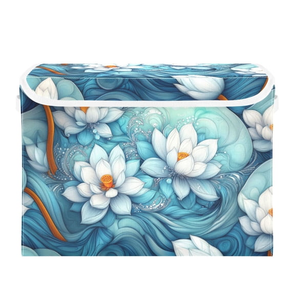 Lotus Floating on Swirls and Waves Large Storage Bins with Linen Collapsible Lid Storage Box 16.7 x 12.6 x 11.8in