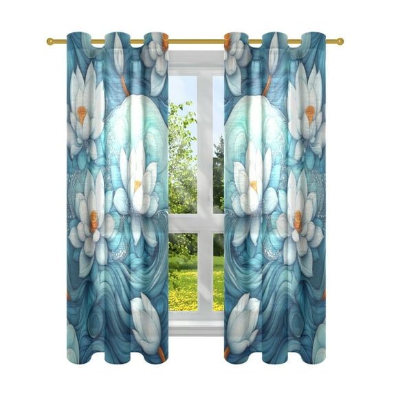 Lotus Floating on Swirls and Waves Semi Sheer Curtains for Living Room Bedroom Set of 2 Insulated Window Drapes