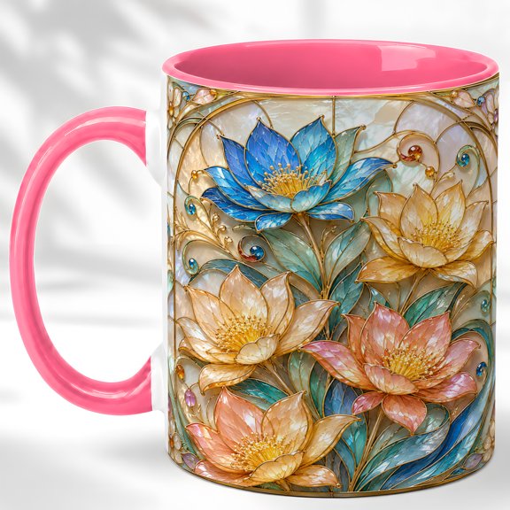 Lotus Floral Accent Mug, 11oz Ceramic Coffee Cup for Flower Lovers
