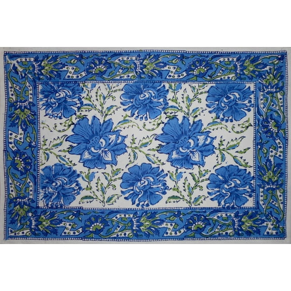 Lotus Flower Block Print Cotton Table Placemat 20" x 14" Blue