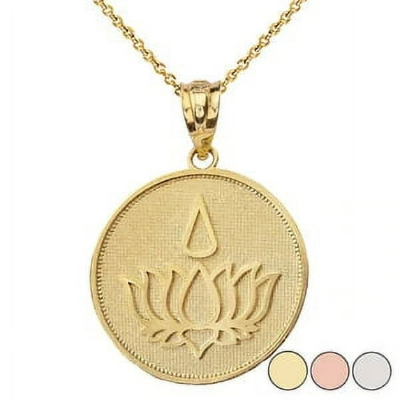 Lotus Flower Blossom with Teardrop Disc Pendant Necklace in Solid Gold (Yellow/Rose/White) : 10K Yellow GOLD Pendant with 20" chain