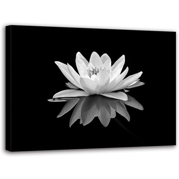 Lotus Flower Canvas Print Zen Wall Art Black and White Floral Pictures Painting Bathroom Spa Decor Frame Ready to Hang (Black and White Lotus Flower - 1, 12"x18"(30x45cm))