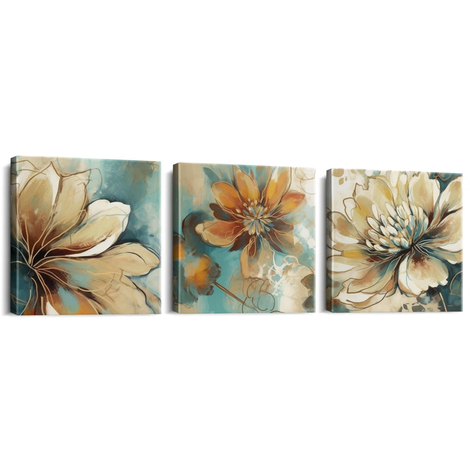 Lotus Flower Canvas Wall Art, 3-Piece Set, featuring white and indigo ...