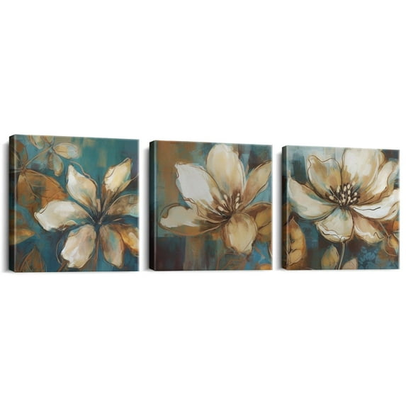 Lotus Flower Canvas Wall Art, 3-Piece Set, featuring white and indigo blue floral designs. Perfect for decorating your living room, dining room, bedroom, bathroom, or kitchen.