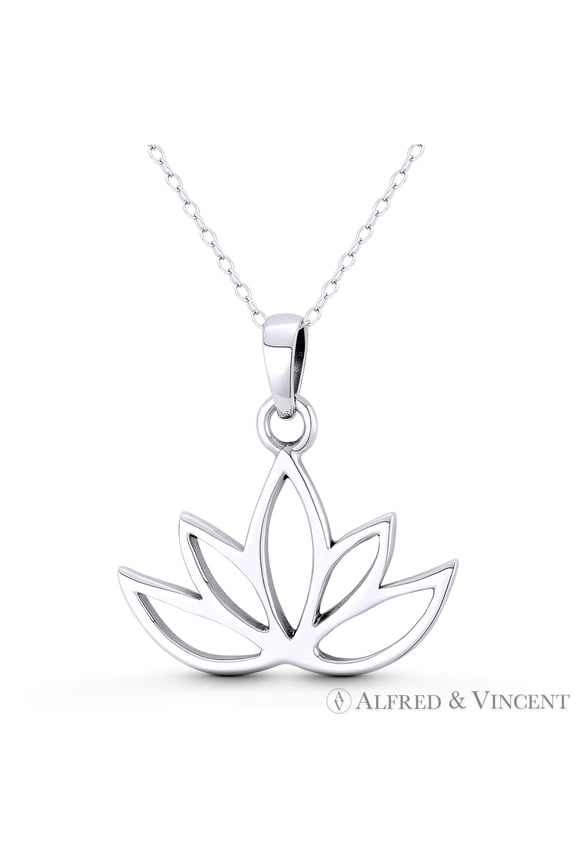 Lotus Flower Charm Buddhist / Buddhism Religion Symbol 29x28mm (1.1x1.1in) Pendant & Chain Necklace in Oxidized .925 Sterling Silver