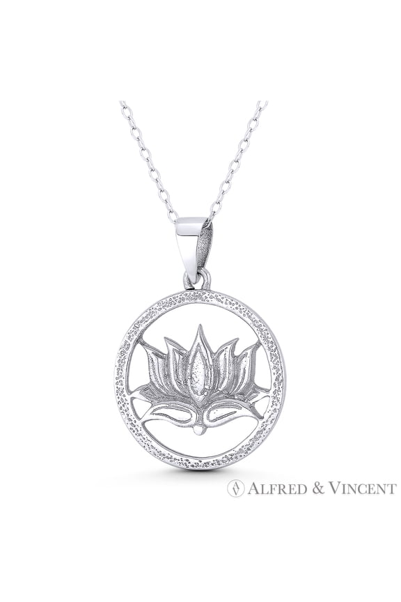 Lotus Flower Charm Buddhist / Buddhism Religion Symbol 30x21mm (1.2x0.8in) Pendant & Chain Necklace in Oxidized .925 Sterling Silver