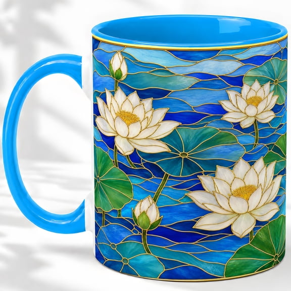 Lotus Flower Coffee Mug, Blue Pond Stained Glass Art, Calm Daily Tea Sips