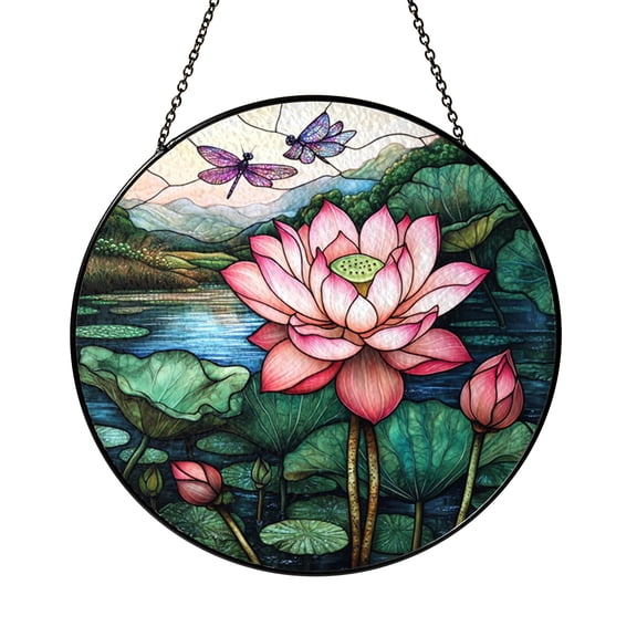 Lotus Flower & Dragonfly Stained Glass Suncatcher – Zen Garden Decor, Peaceful Floral Glass Art, Serenity Home Accent