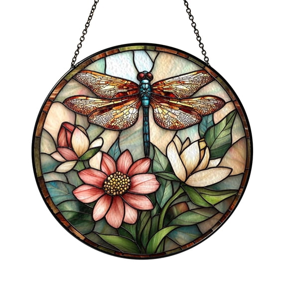 Lotus Flower Dragonfly Window Suncatcher with Stained Glass Effect, Decorative Botanical Window Art