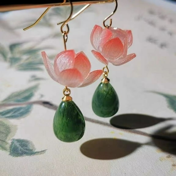Lotus Flower Earrings Pink Blossom Green Dangle Earrings Chinese Style Handmade Drop Jewelry for Women Gift