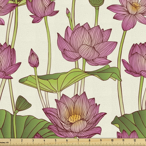Lotus Flower Fabric by the Yard, Graphic Ornament Pattern with Pink Lotus Blossoms and Buds, Decorative Upholstery Fabric for Chairs & Home Accents, 1 Yard, Pink Ivory and Green by Ambesonne