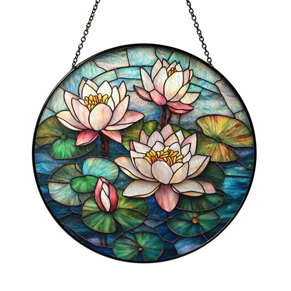 Lotus Flower Field Glass Window Suncatcher, Botanical Nature Inspired Hanging Decor