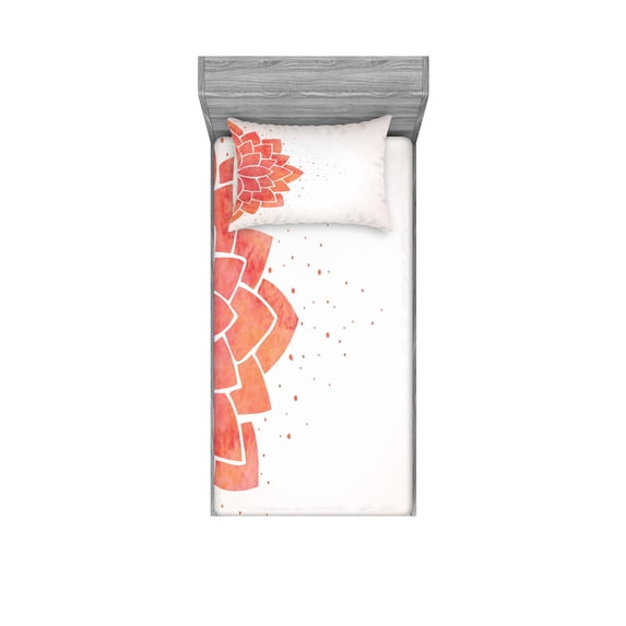 Lotus Flower Fitted Sheet & Pillow Sham Set, Aquarelle Style Half Lily Ayurveda Theme with Look, Decorative Printed 4 Piece Bedding Decor Set, Twin, Coral Pale Peach, by Ambesonne