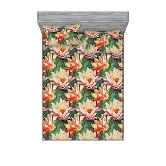 Lotus Flower Fitted Sheet & Pillow Sham Set, Water Lily Blooming Art on Nature Inspired Green Backdrop, Decorative Printed 3 Piece Bedding Decor, Queen, Burnt Sienna and Pale Purple, by Ambesonne