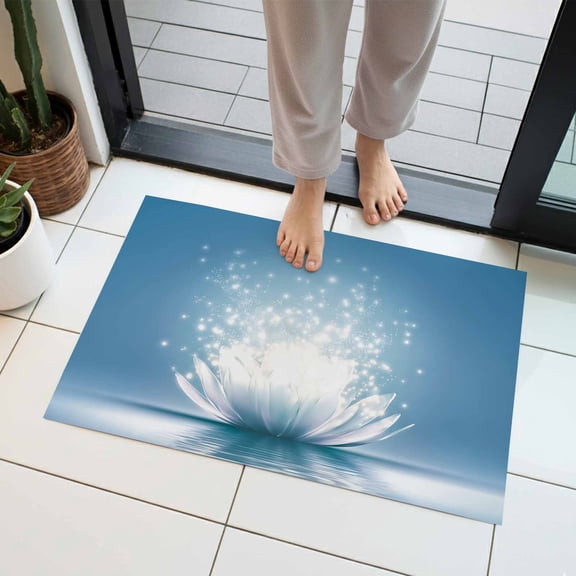 Lotus Flower Indoor Door Mat 20x31.5 Inch Zen Spiritual Meditation Blue Lotus Floral Bloom in Blue Lake Front Door Mat Non Slip Washable Entryway Rug Low Profile Dirt Trapper Doormat for Bedroom