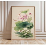 Lotus Flower Koi Fish Japanese Watercolor Asian Botanical Decor Unframed Paper Print