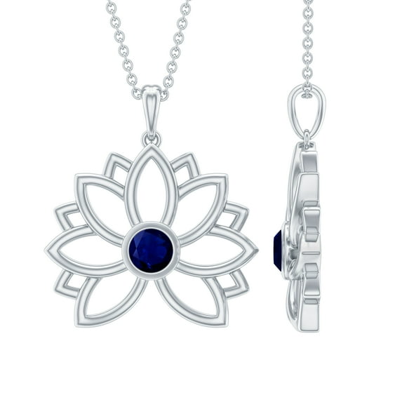 Rosec Jewels Lotus Flower Necklace with Blue Sapphire, 10K White Gold