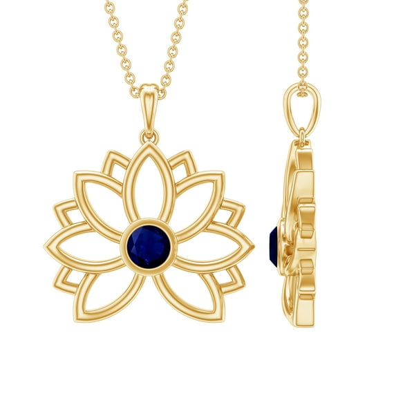 Rosec Jewels Lotus Flower Necklace with Blue Sapphire, 10K Yellow Gold