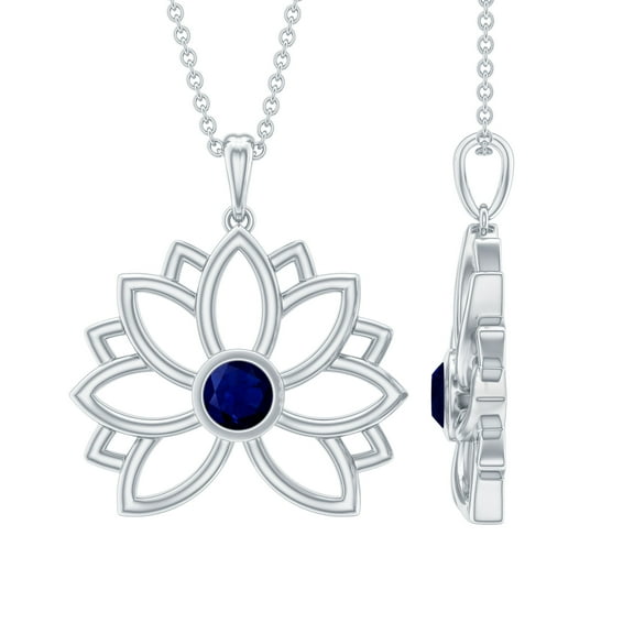 Rosec Jewels Lotus Flower Necklace with Blue Sapphire, 925 Sterling Silver