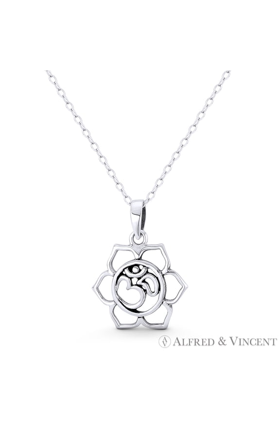 Lotus Flower & Om Aum Symbol Hindu / Buddhist Charm 22x17mm (0.9x0.7in) Pendant in Oxidized .925 Sterling Silver