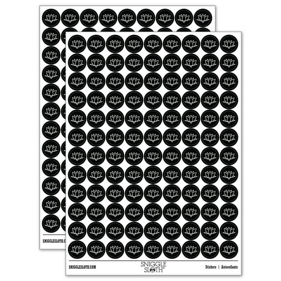 Lotus Flower Outline 200+ Round Stickers - Black - Gloss Finish - 0.50" Size