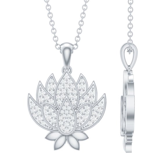 Rosec Jewels Lotus Flower Pendant Necklace with Certified Diamond for Women (HI-SI Quality), 925 Sterling Silver