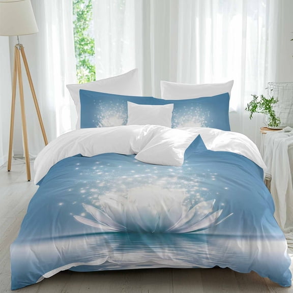 Lotus Flower Queen Size Comforter Set, Zen Spiritual Meditation Blue Lotus Bloom in Blue Lake Bedding for All Seasons, 4 Pcs Bed Set, 1Quiltcover (90"x92") ,1Sheet(94"x116"), 2Pillowcases (30"x20")
